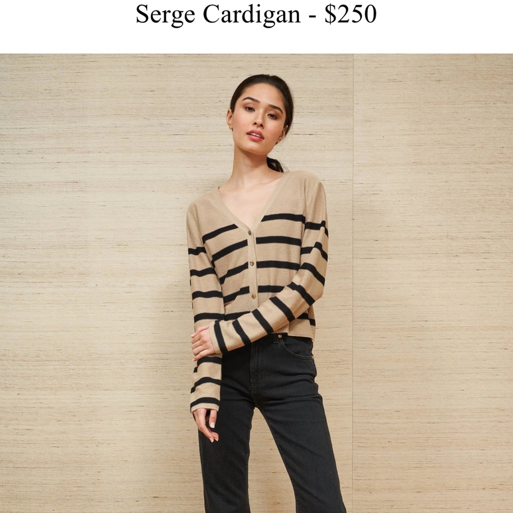 La Ligne Beige and Black Striped V-Neck Button Cardigan